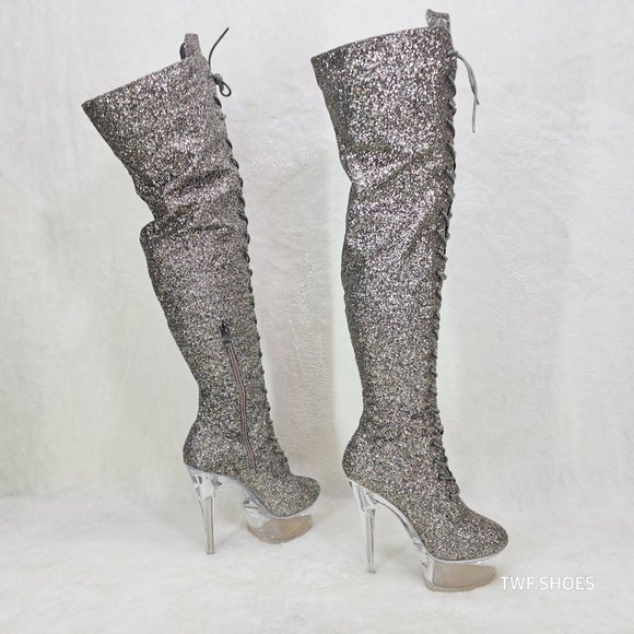 Bulls Silver Glitter Lace Up OTK Platform High Heel Thigh Boot - Picture 4 of 17
